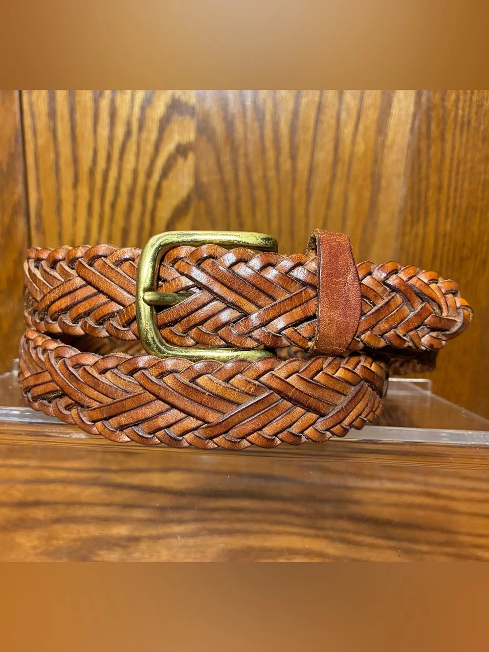 Vintage Men’s Braided Brown Leather Belt Brass Buckle